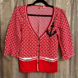 Moth Anthropologie Anchor Red Maritime Nautical Cardigan Sweater M